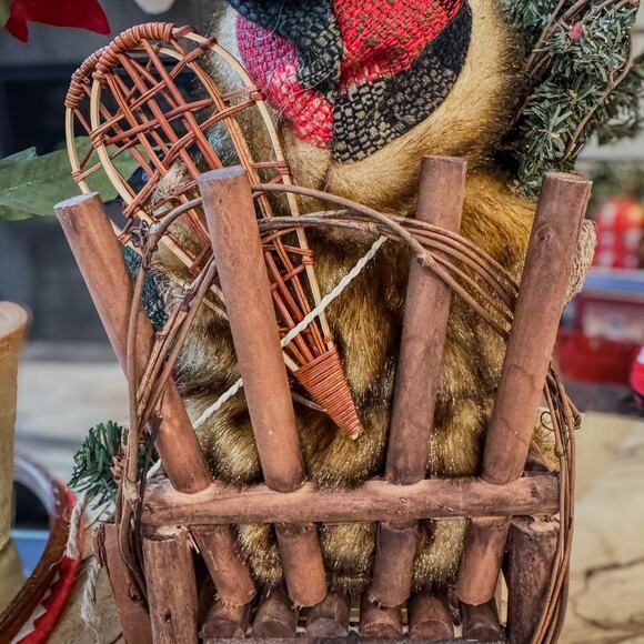 Woodland Mountain Man Santa in Wooden Twig Chair w/ Bird & Snow Shoes, 14"H - Picture 5 of 15
